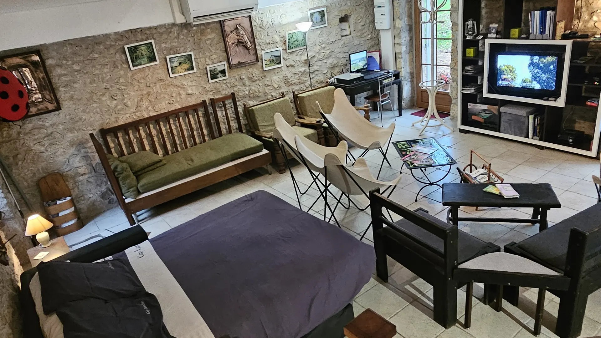 pièce à vivre côté salon avec canapé lit ouvert