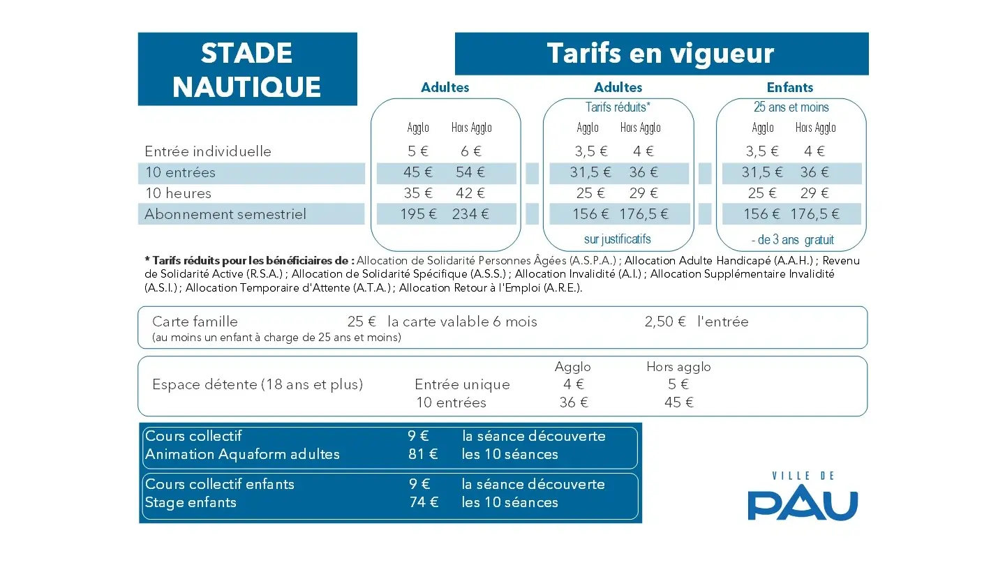 Stade Nautique - Pau - Tarifs