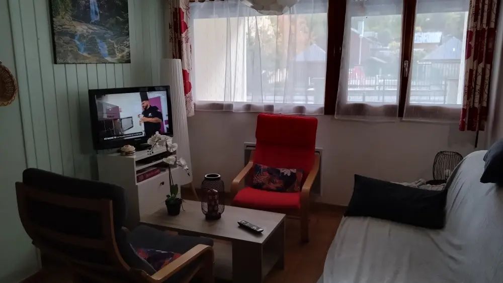 Coin salon avec TV, canapé lit