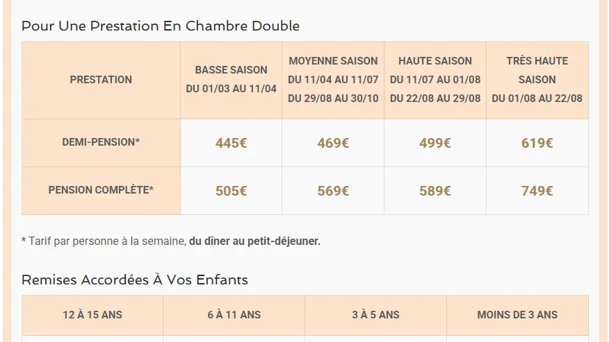 Village vacances - CHAMBRE DOUBLE - tarifs 2026