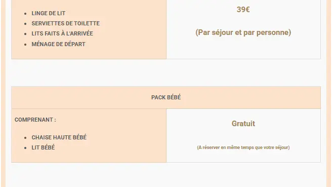 Village vacances - OPTIONS - tarifs 2026