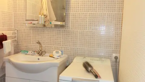 Lavabo et machine à laver face au WC et Douche