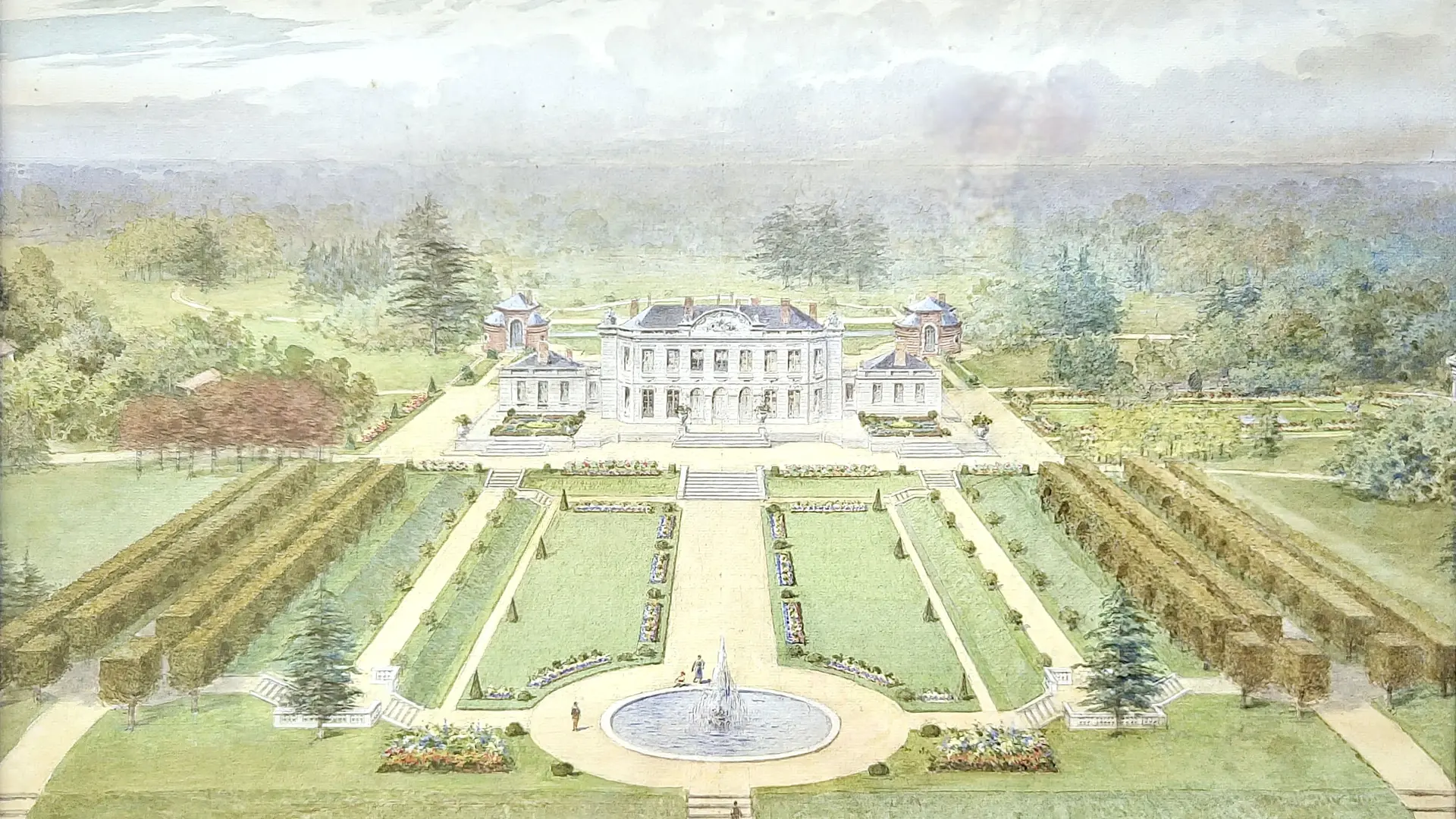 Aquarelle représentant le château de Craon entouré de son magnifique jardin à la