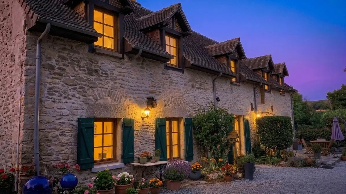 Chambres d'hôtes La Basse Cour - Ancinnes - Maison de biais au crépuscule