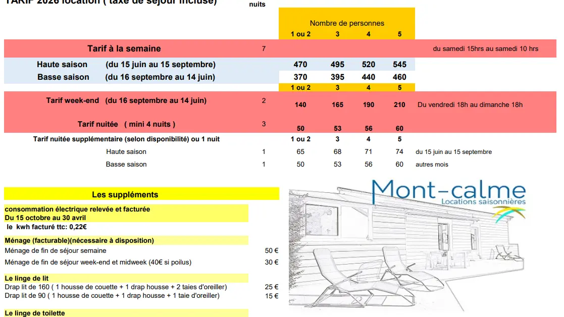 .tarif 2026 montcalme