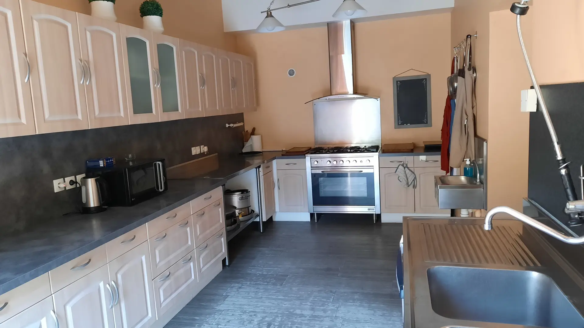 Cuisine avec piano de cuisson et lave-vaisselle professionnel