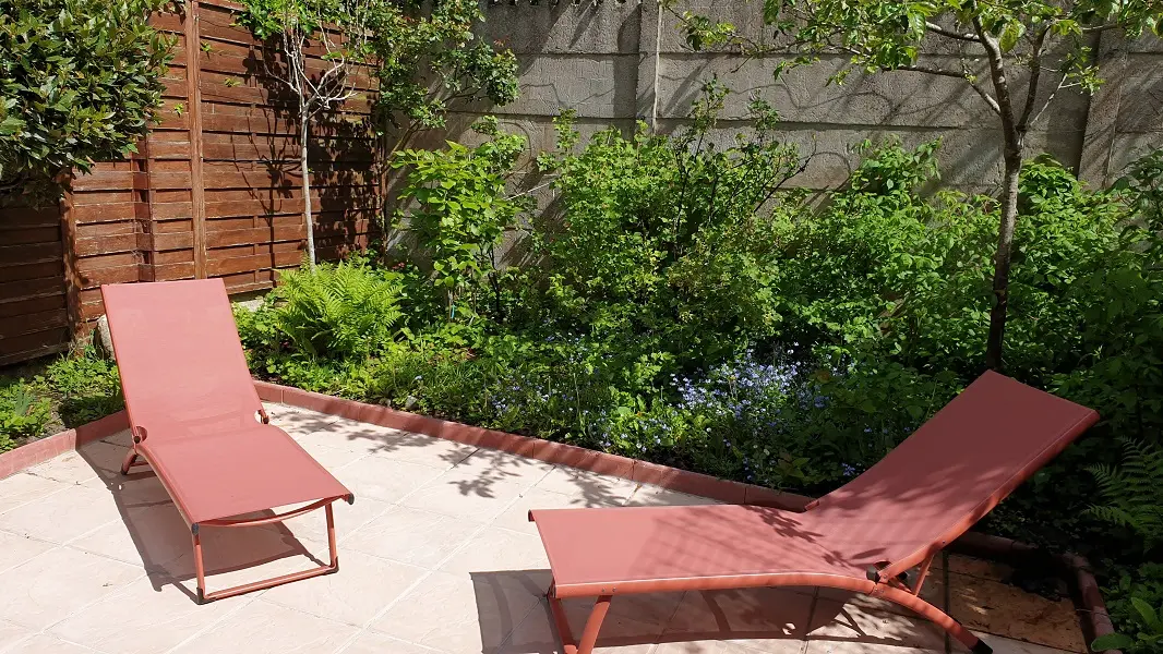 Transats dans partie arrière du jardin, avec pommier, cassis, groseilles,...