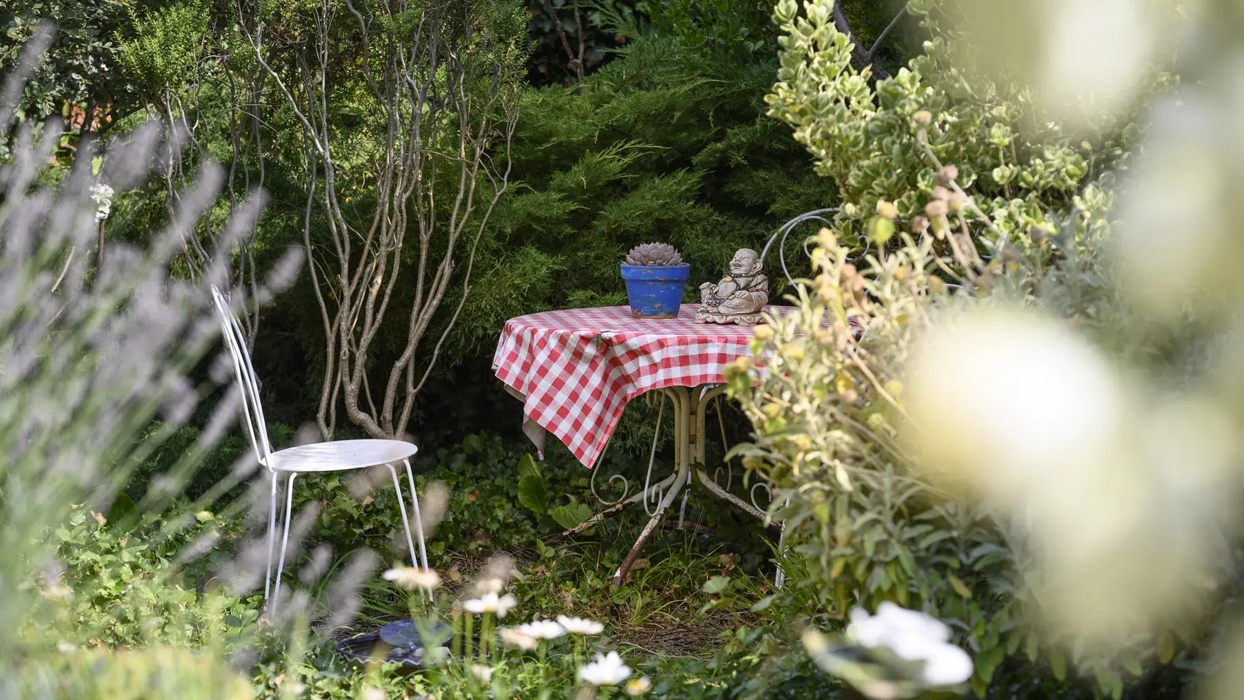 Jardin avec mobiliers pour repas extérieur