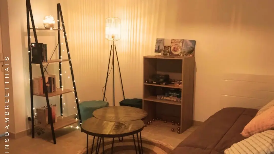 Salon avec bibliothèque, jeux de société et documents touristiques