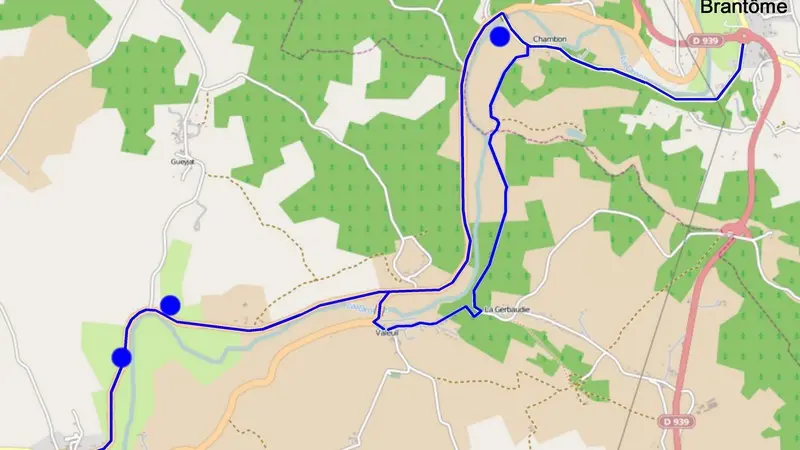 Itinéraire possible et points d'observation entre Bourdeilles et Brantôme