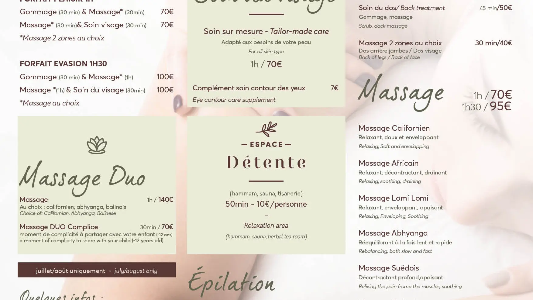 Tarifs SPA - JUILLET AOUT