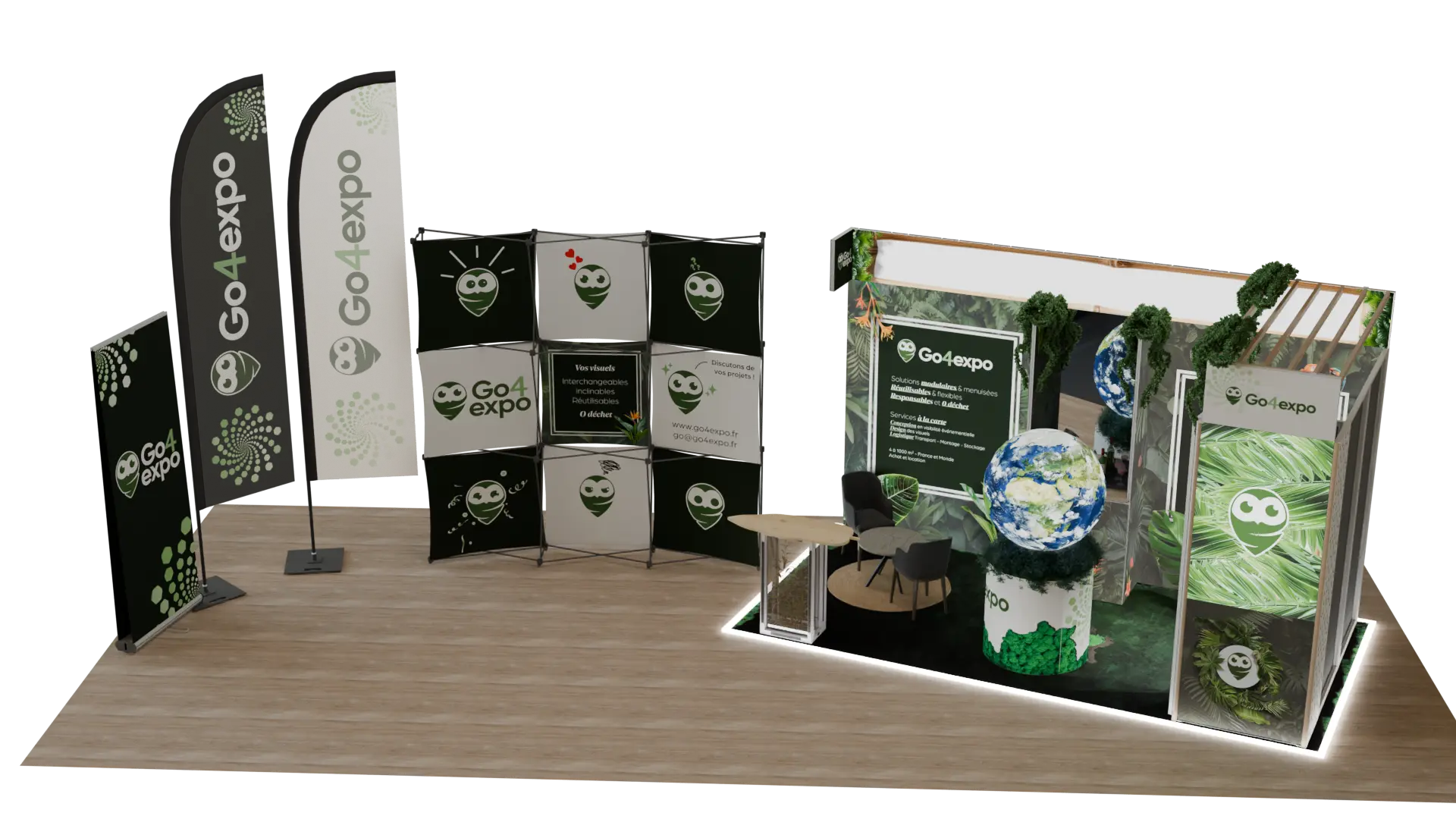 Exemple de produits portatifs Go4expo - drapeaux,roll up, stand modulaire