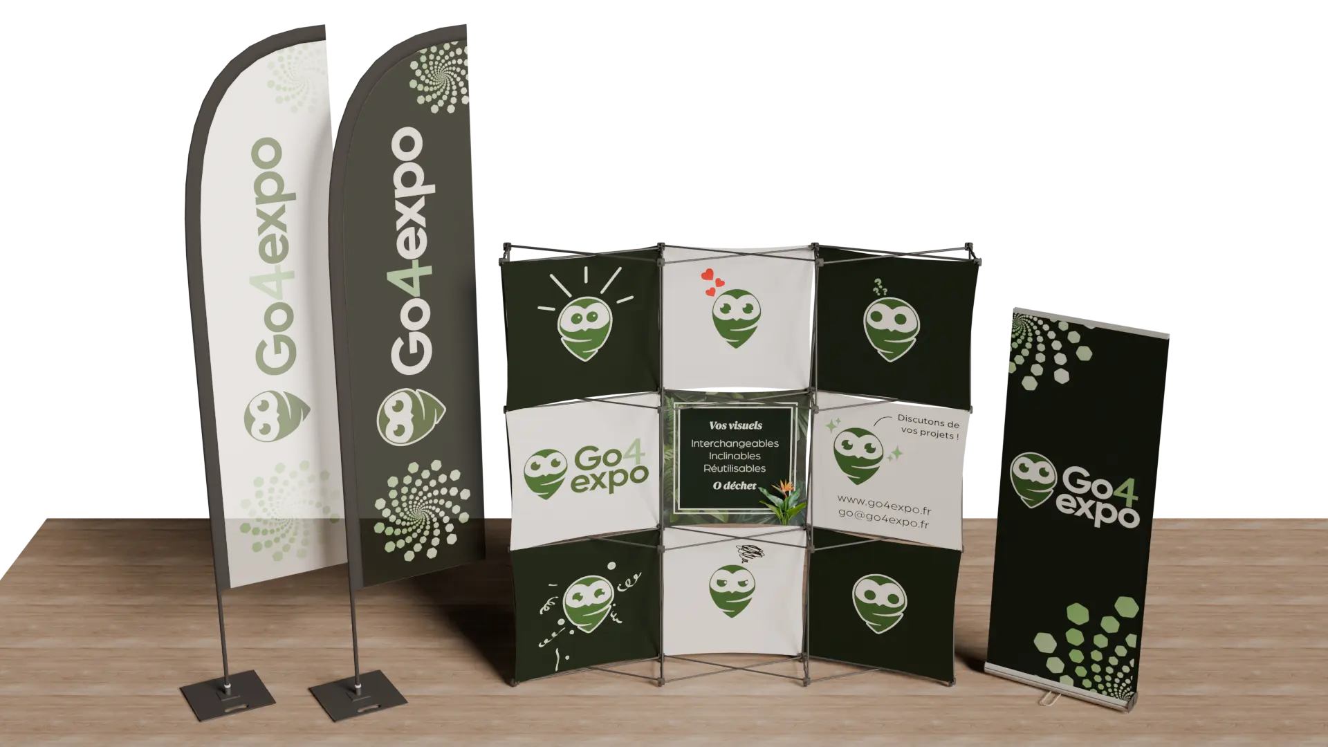 Exemple de produits portatifs Go4expo - drapeaux,roll up, kakemono, extension