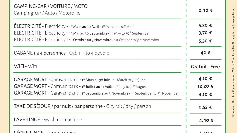 Camping municipal Vitré fiche tarif