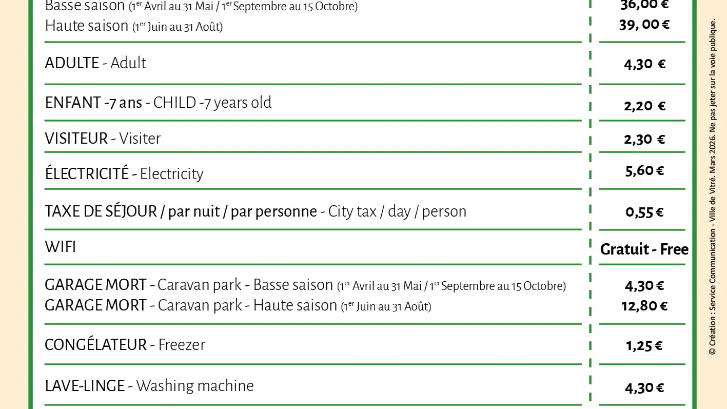 Fiche tarif 2026 camping