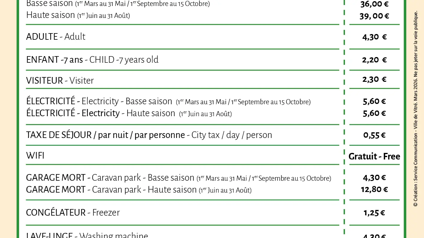 Fiche tarif 2026 camping