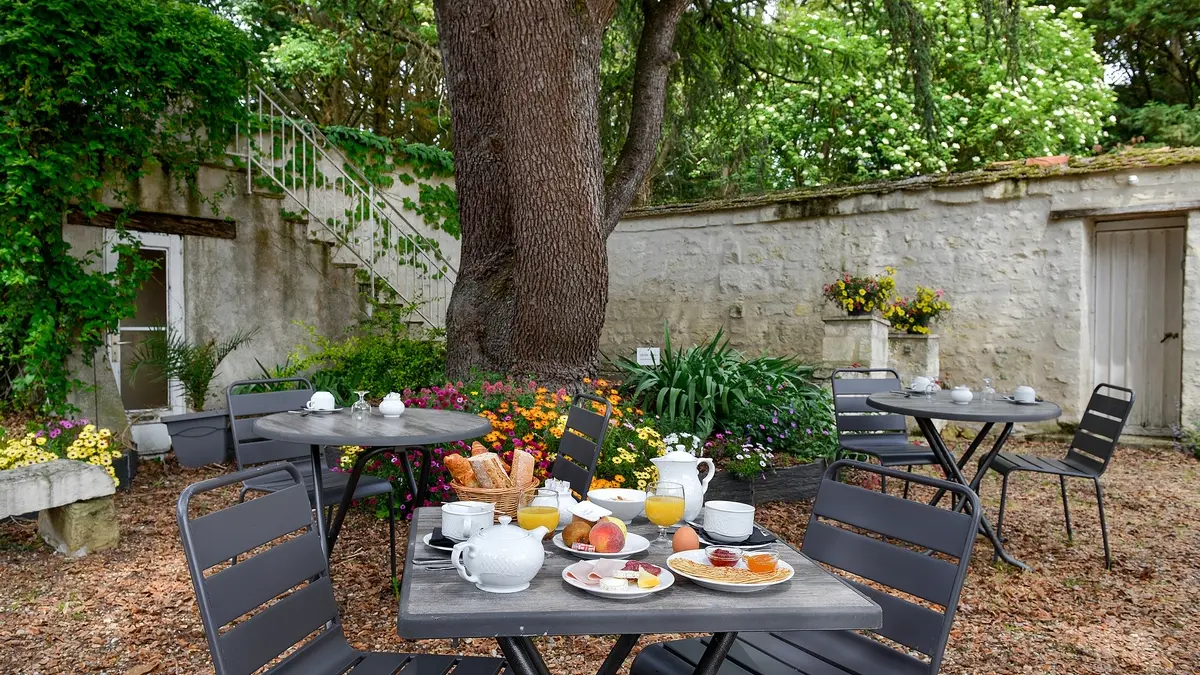 petit déjeuner en terrasse à l'hôtel Manoir de la Giraudière 37420 Beaumont en Véron, proche Chinon, Avoine(2)