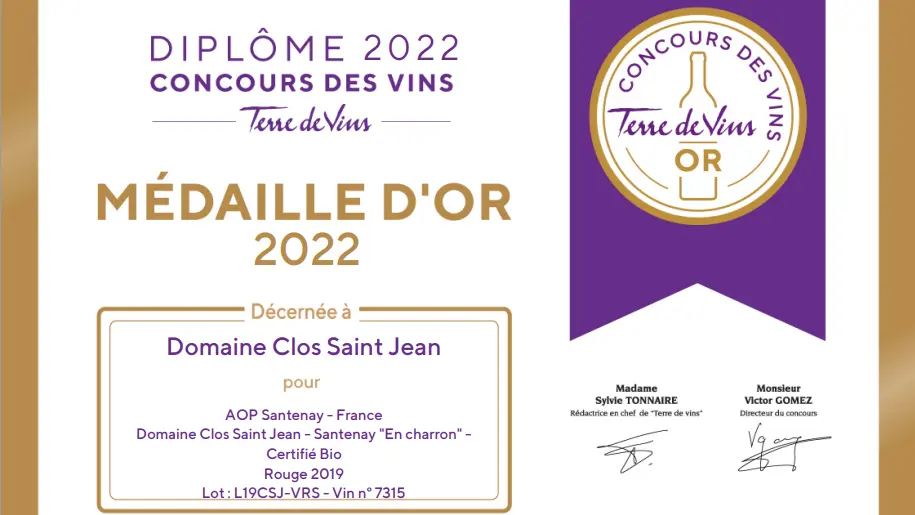 Cheilly les Maranges - Domaine Clos Saint Jean - Concours Terre de vin - Santenay rouge 2019 - Médaille d'or