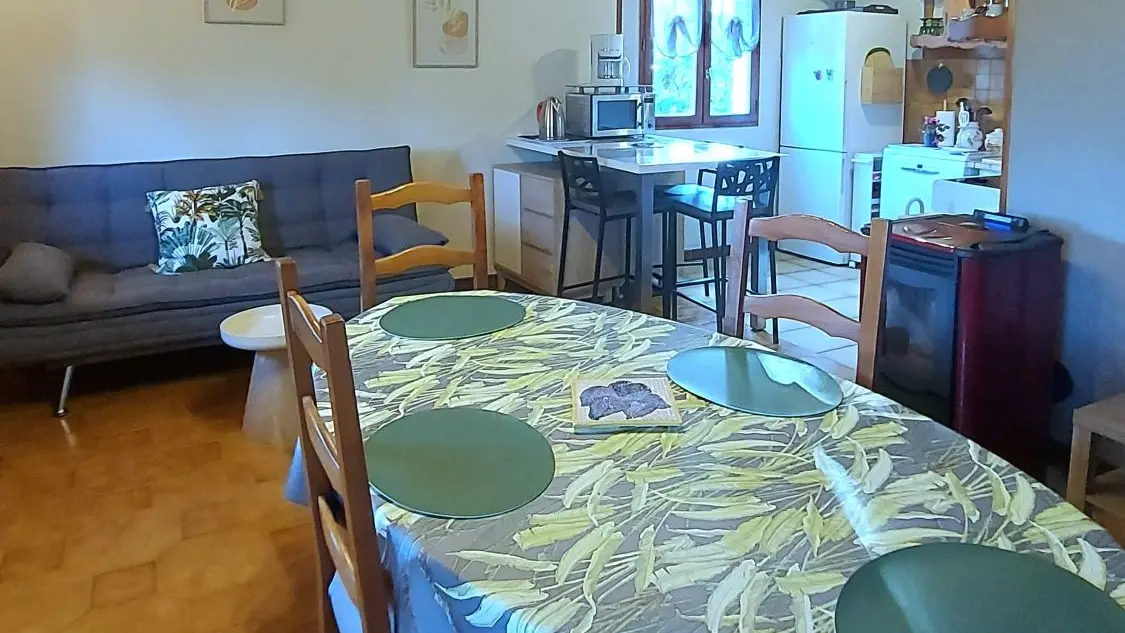 Grande pièce de vie avec cuisine ouverte, espace repas convivial et poêle à granulés._2