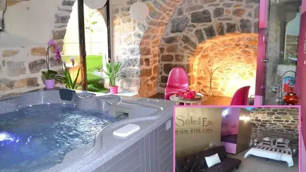 chambre avec Spa jacuzzi et possibilité en option privative Sauna , hammam, Piscine intérieure, Massage , installée dans une voûte en pierres Le Soleilo  vous reçois avec convivialité au porte des Gores du Tarn