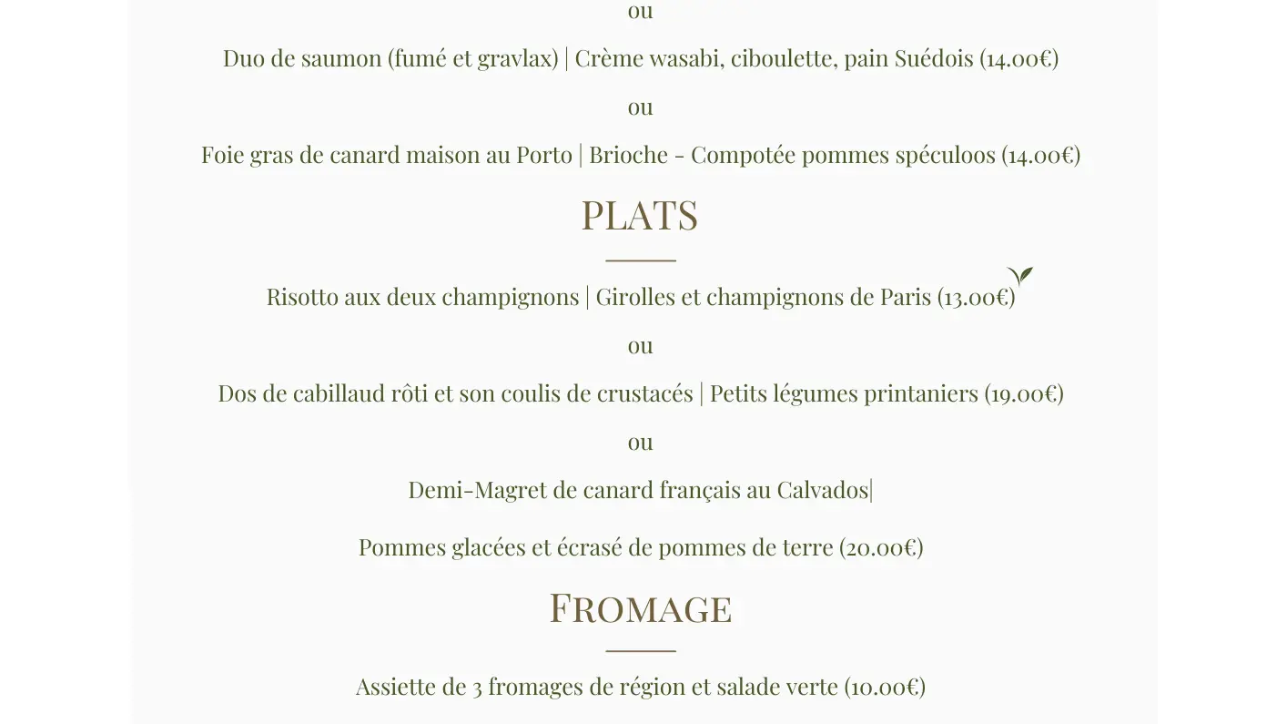 Menu Hôtelier -Carte du soir printemps 2026