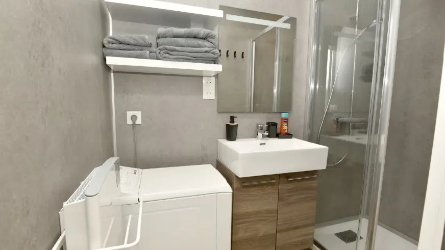 La salle de bain est propre et épurée.