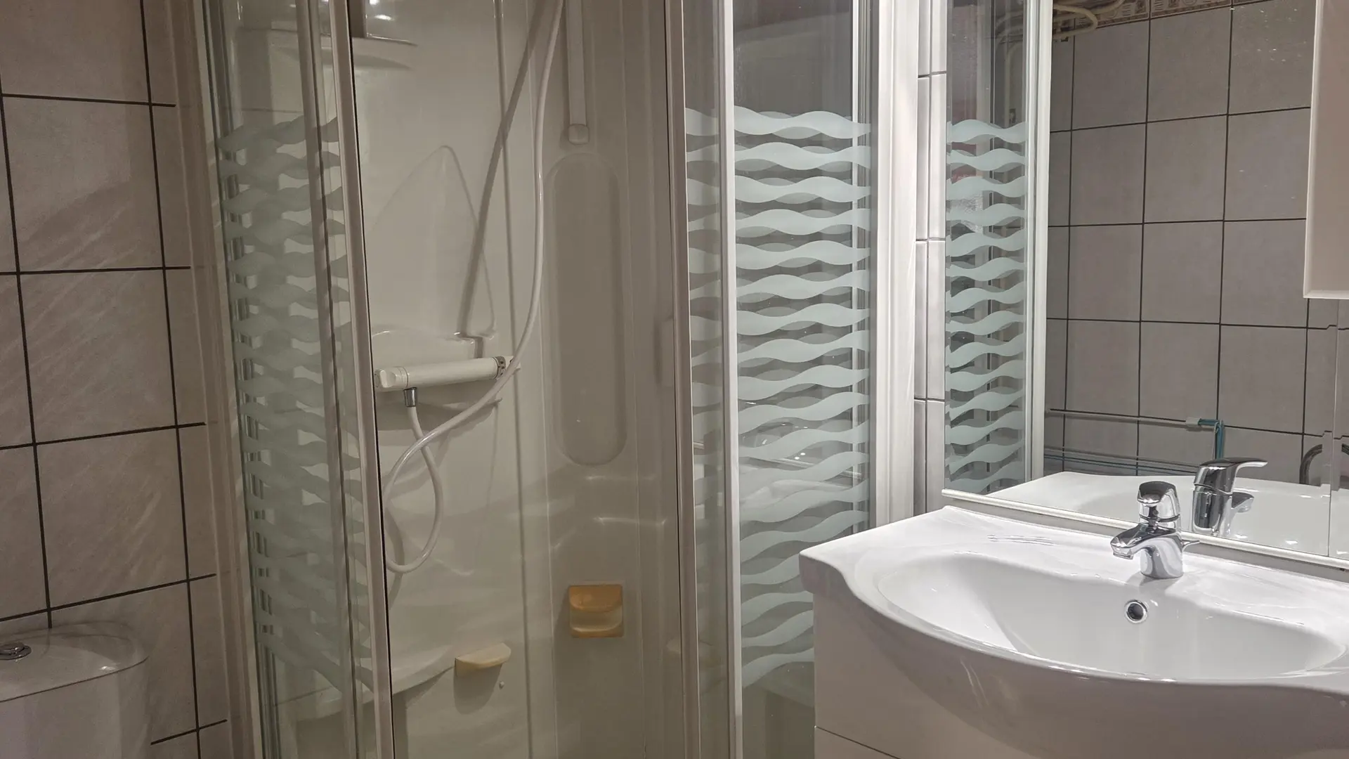 Salle d'eau avec une douche, toilettes et lavabo
