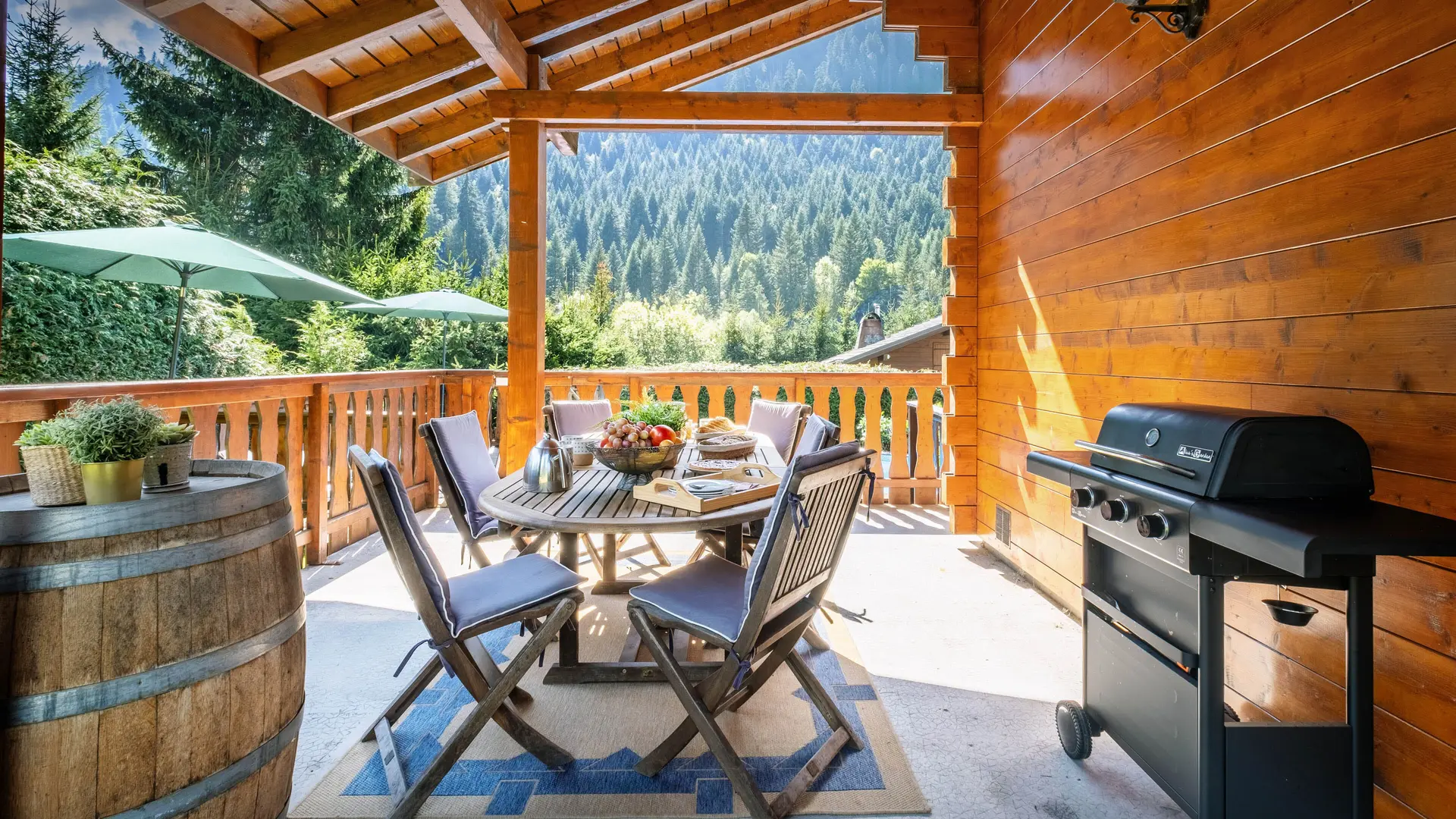 Terrasse ombragée avec grande table et barbecue