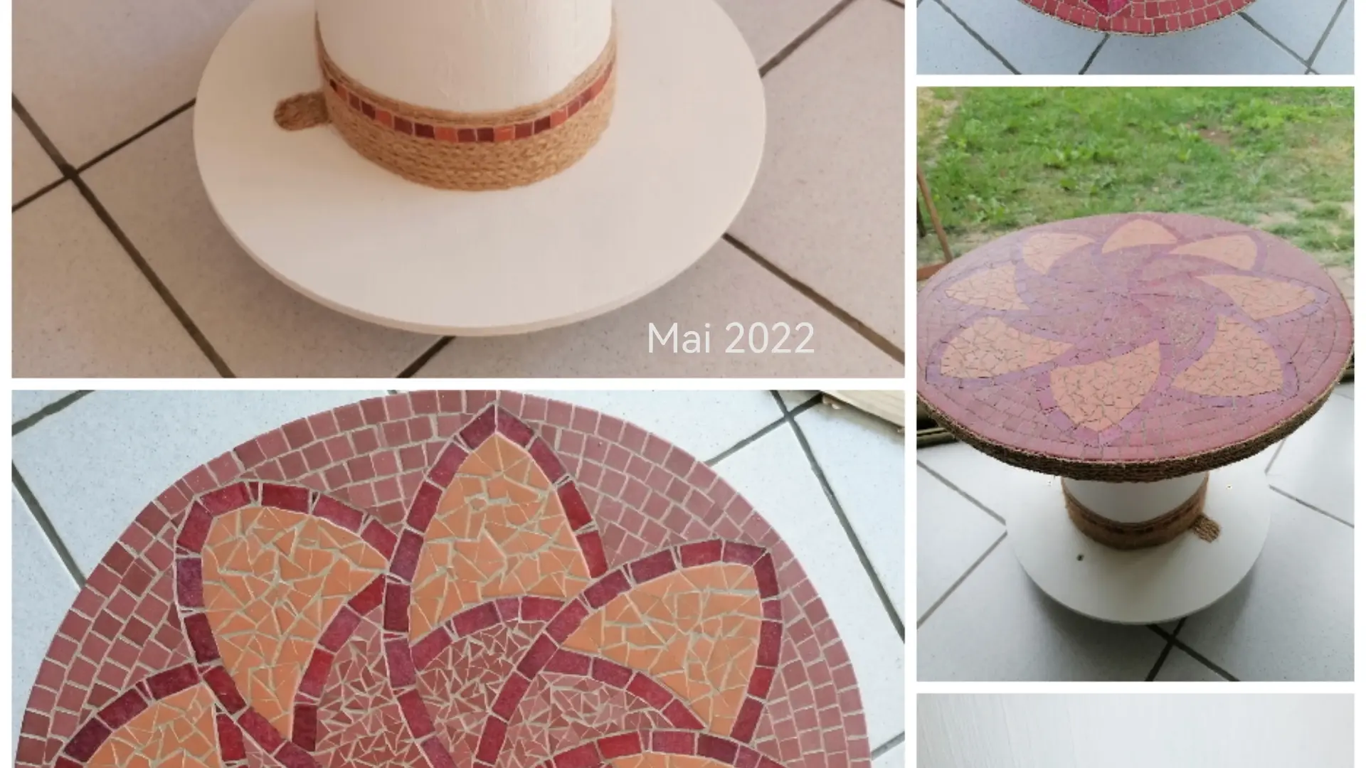 Table en mosaïque rosace rouge et orange