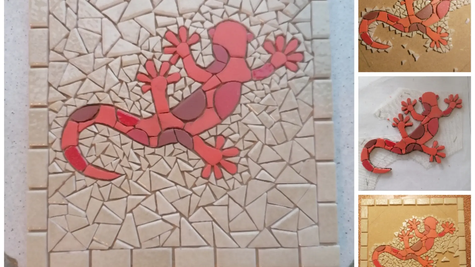 Salamandre rouge sur fond beige en mosaïque