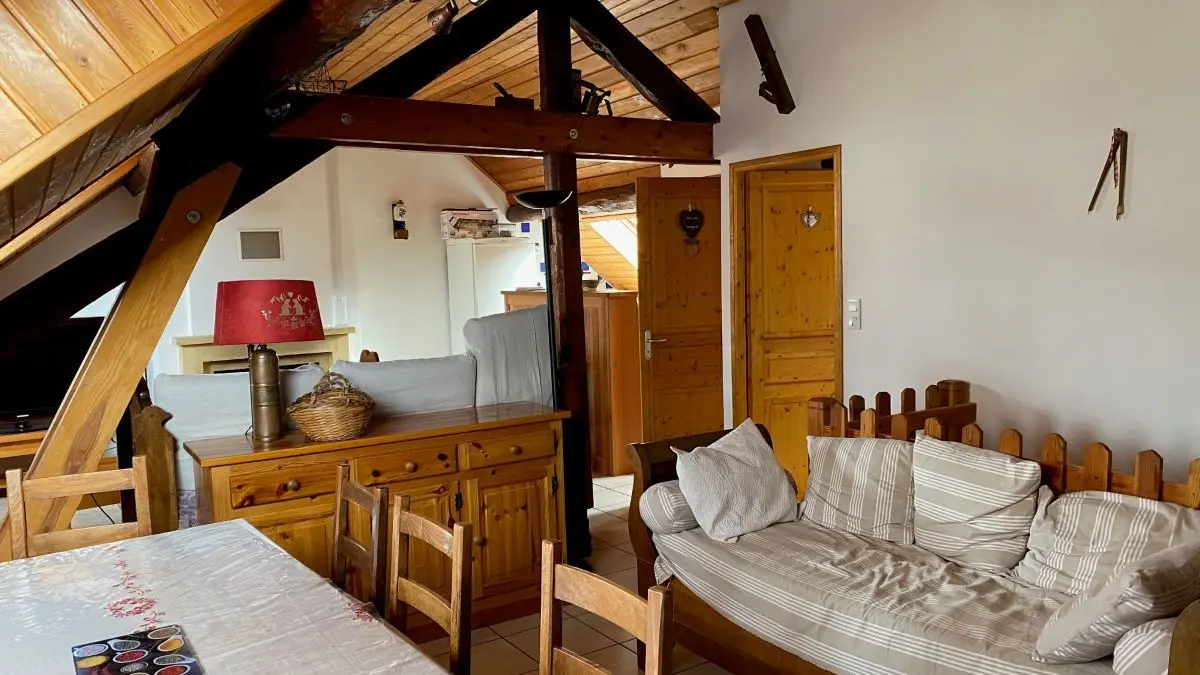 Comfortable living room with sofa, dining table, fireplace, wooden furniture, window