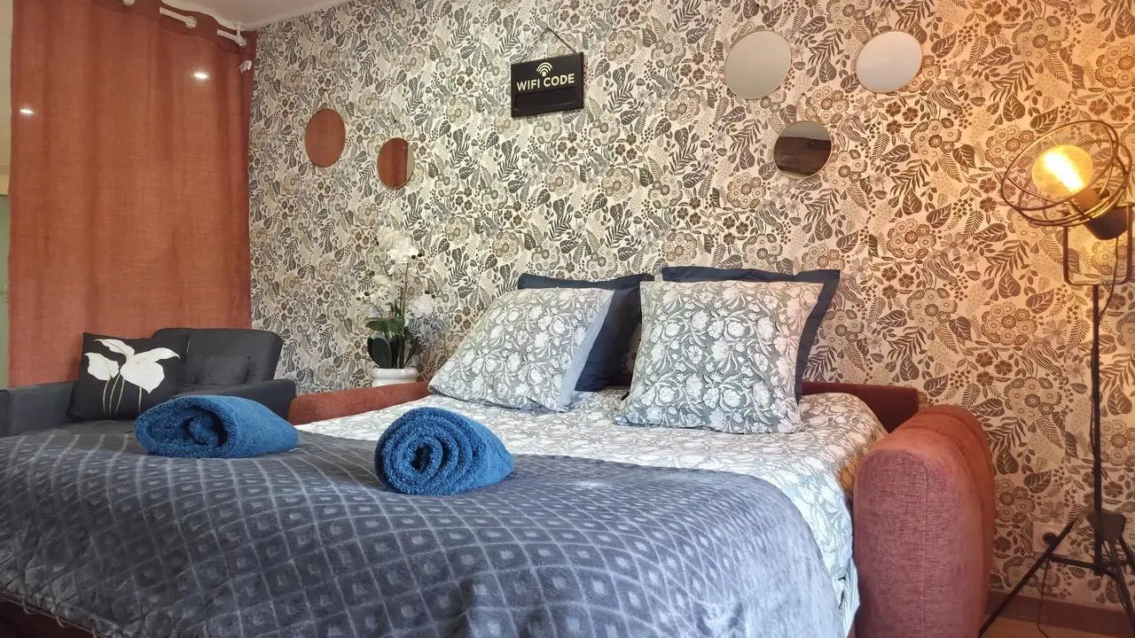 Côté salon, un rideau pour plus d'intimité.