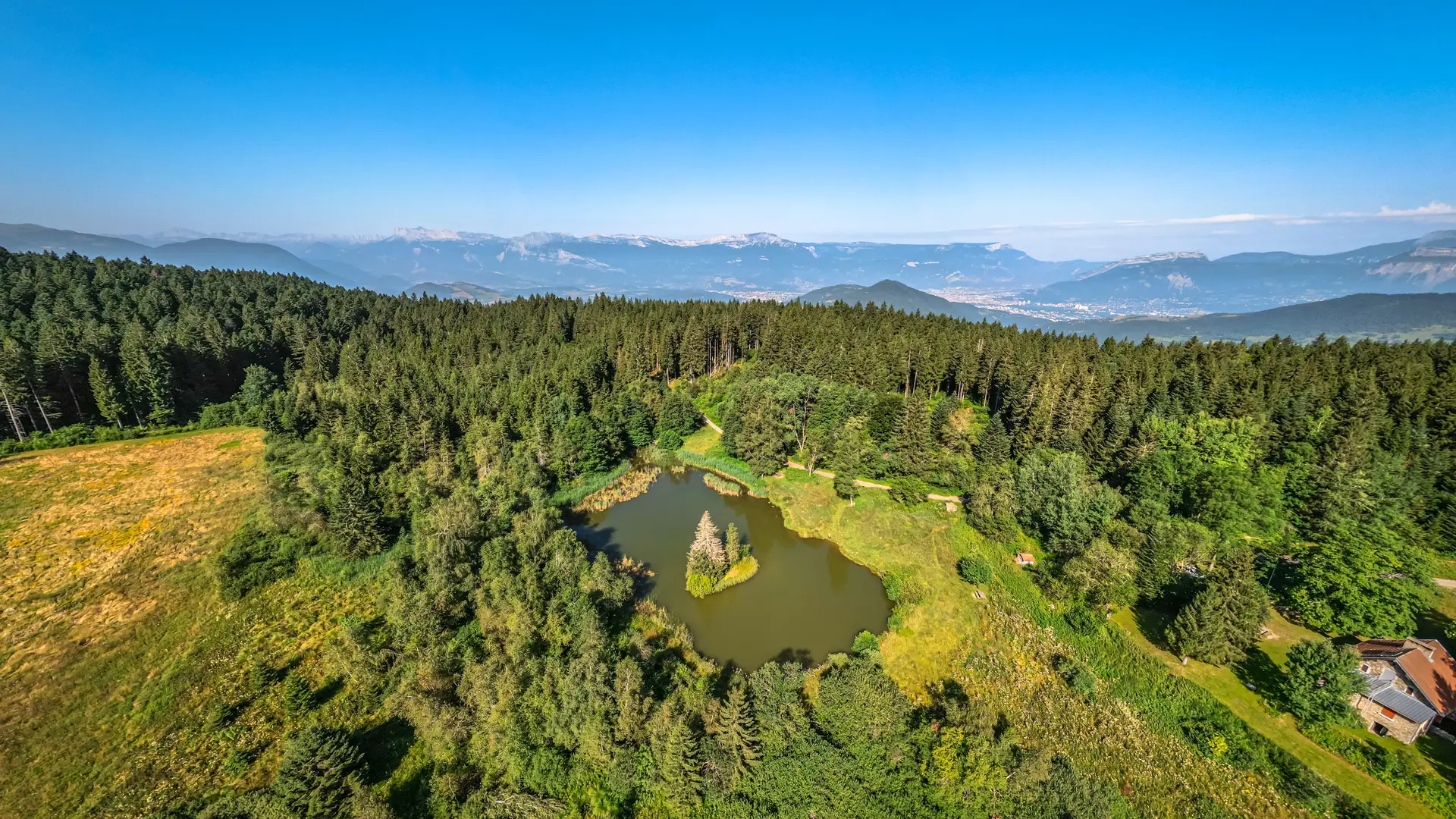 Cette photo aérienne nous offre une vue panoramique d'un paysage naturel. Au premier plan, un étang d'eau calme est entouré d'une végétation luxuriante. Des arbres de différentes tailles bordent l'étang, créant un écrin de verdure. Au centre de l'étang, une petite île, à peine visible, abrite un arbre solitaire qui se détache sur le ciel bleu. En arrière-plan, une chaîne de montagnes se profile à l'horizon.