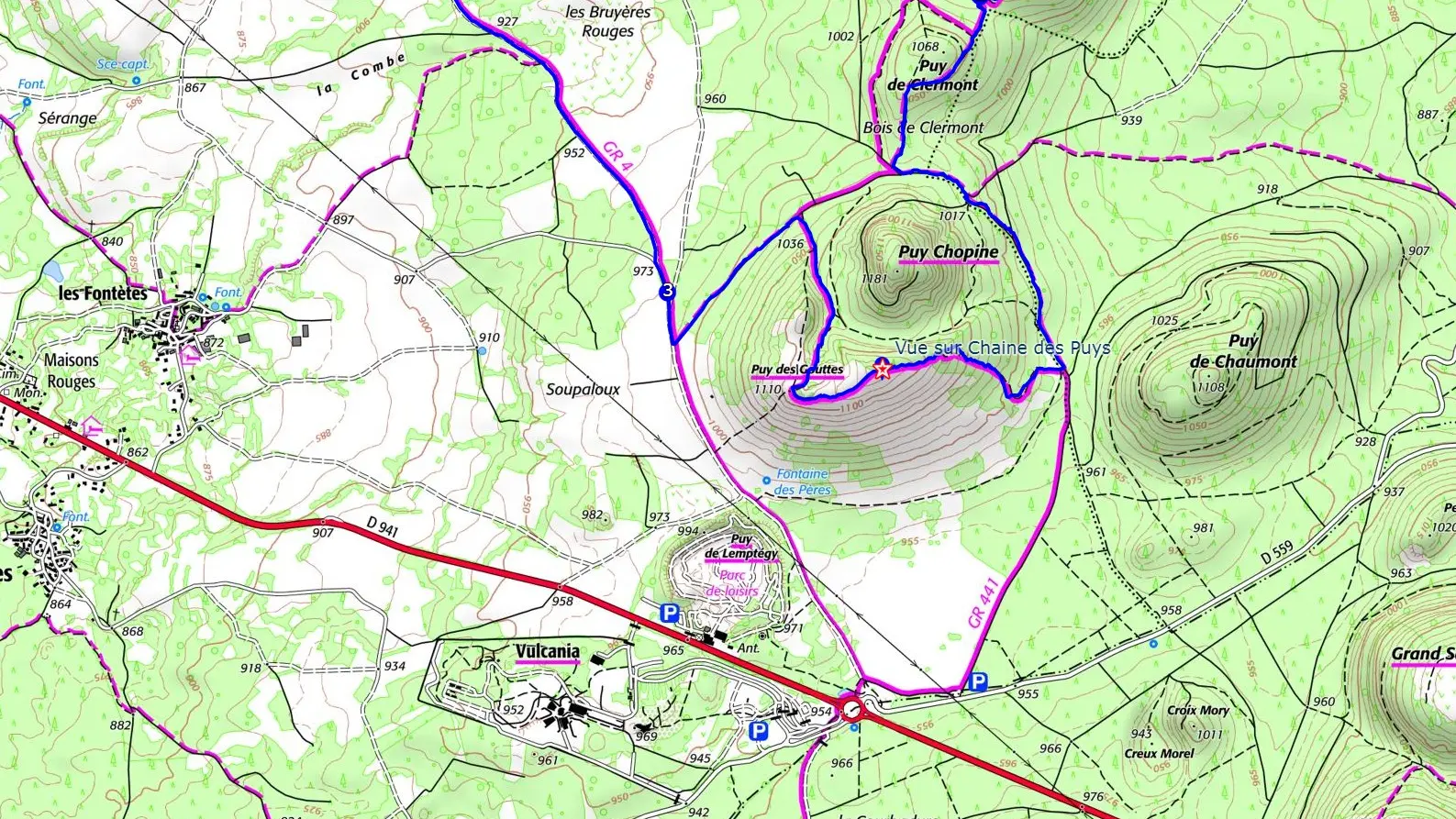 Carte puy de Jumes, Coquielle et des Gouttes