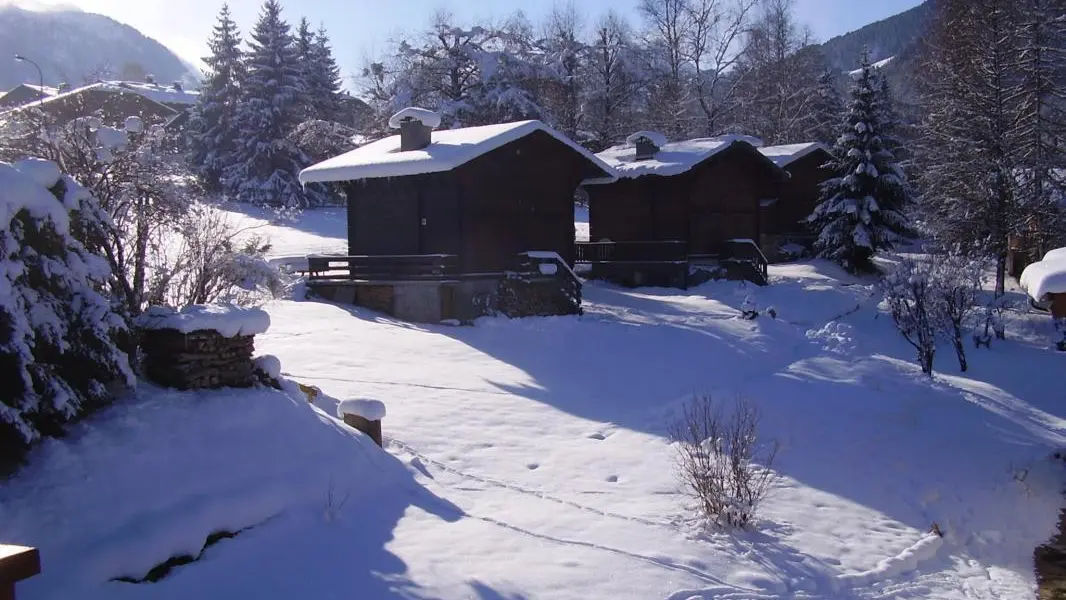 Vue sur le paysage de l'appartement (petits chalets) au loin : le Col du Bonhomme, à gauche :la chaine du Mt Blanc