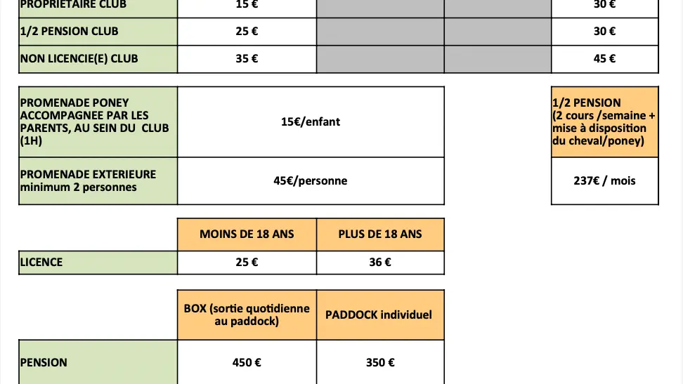 Cheval et Provence - tarifs