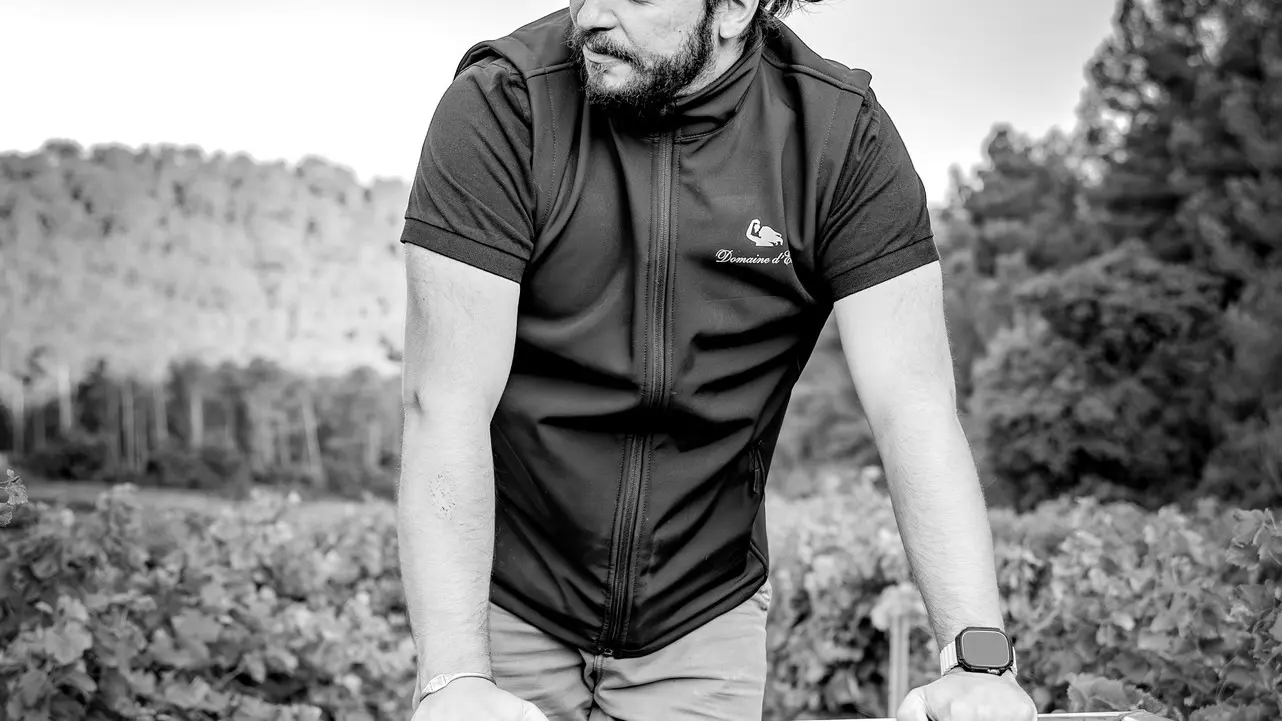 Domaine d'Eole in Eygalières man leaning over a vat of grapes