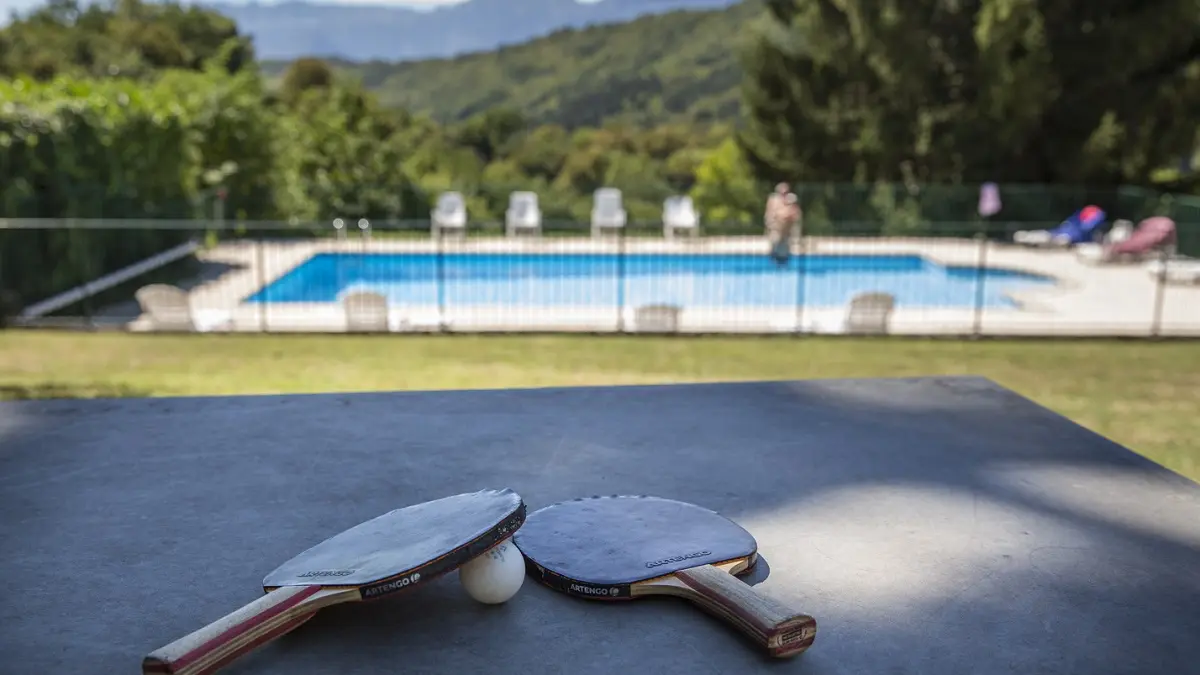 Sur une table de ping-pong, deux raquettes de tennis de table sont posées côte à côte. Au-delà, on perçoit une piscine, entourée de verdure.