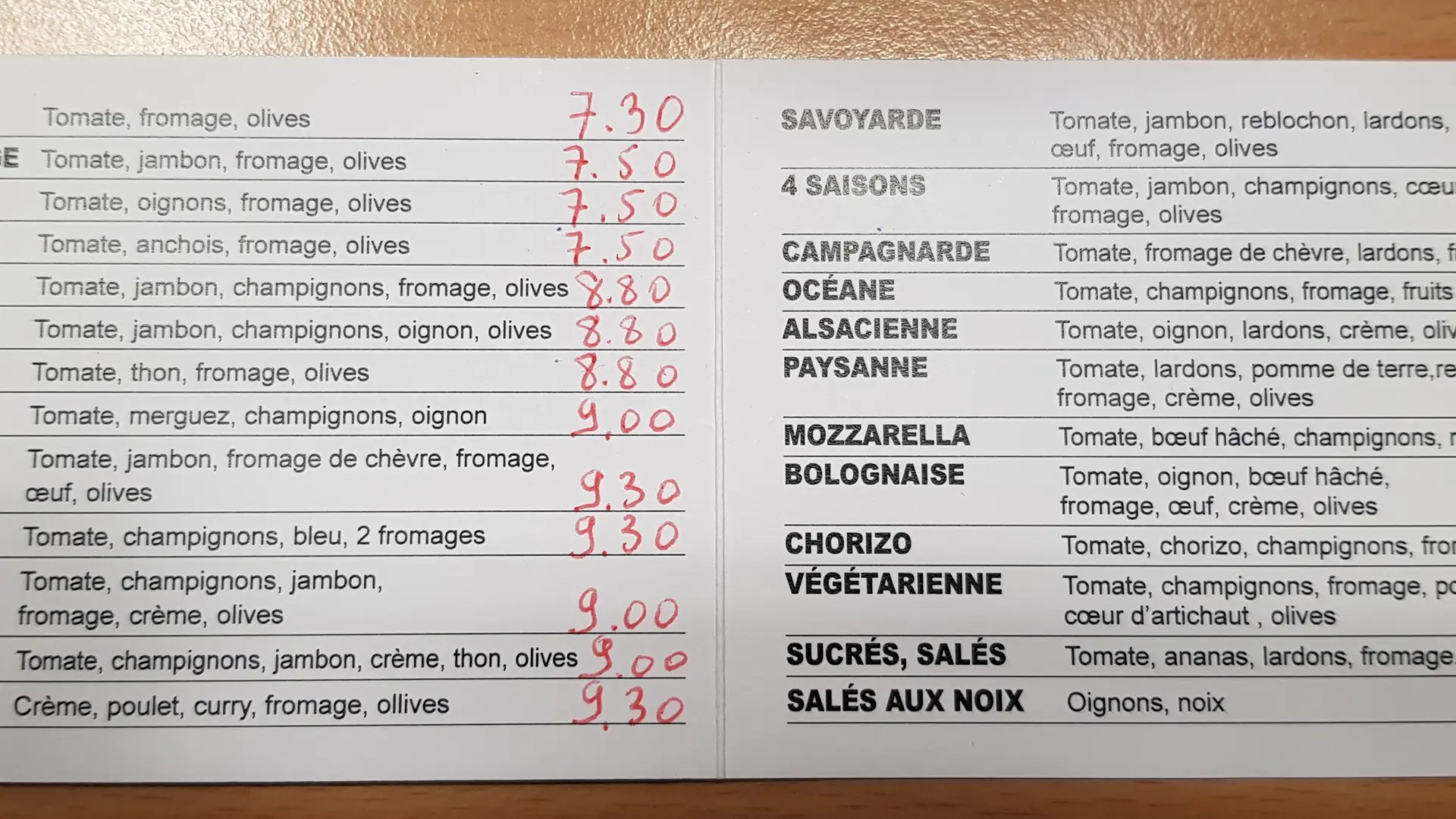 Carte des pizzas - Le pain de la cascade