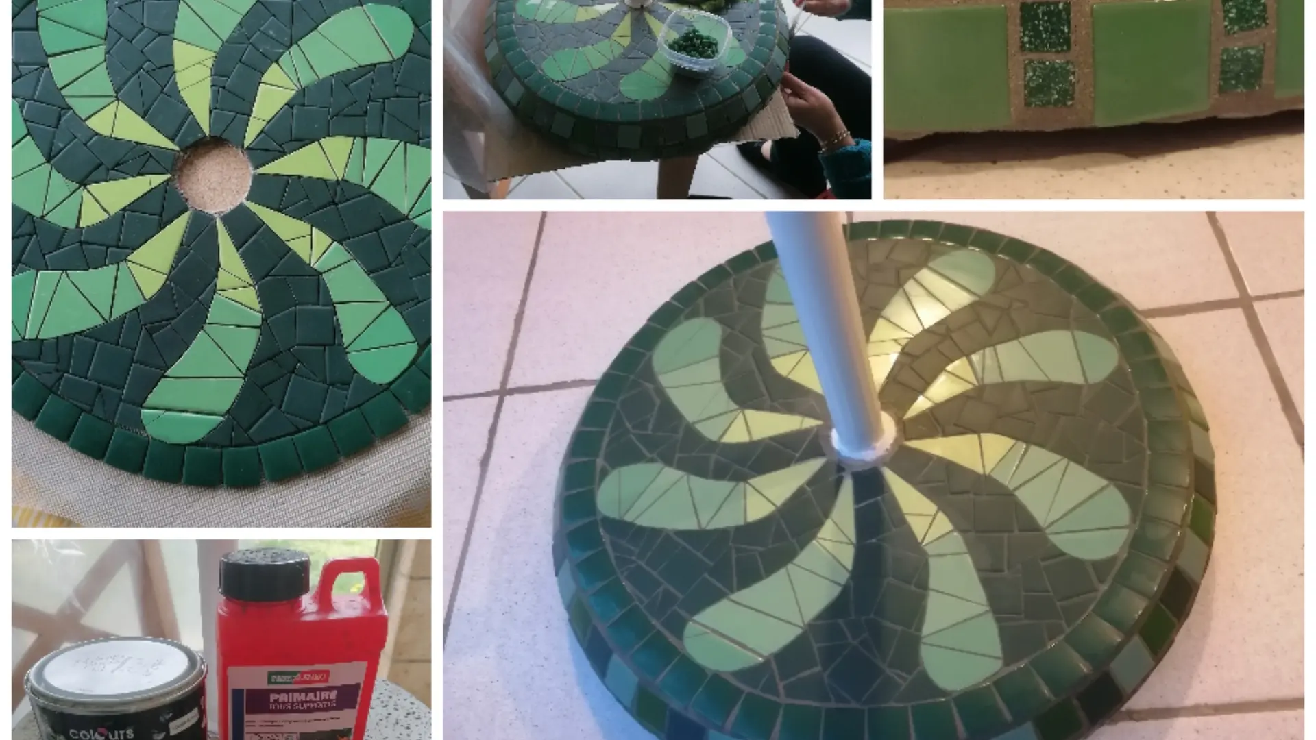 Pied de parasol vert avec hélices en mosaïque