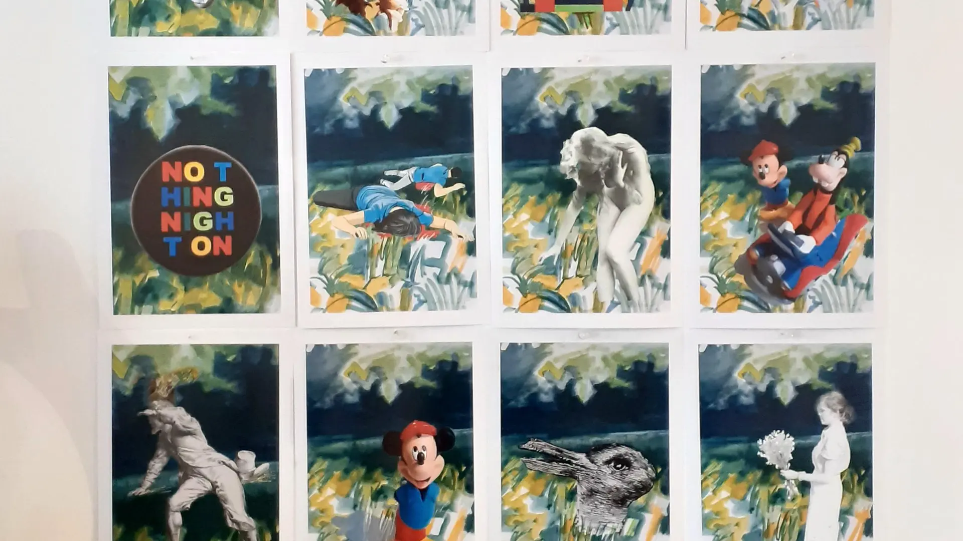 Paysage abstrait, 1975 / Gouache en plein air, revisitée après une cinquantaine d'années par des personnages divers, 20 fois le format A4. 150x90 cm, impression digitale sur papier.