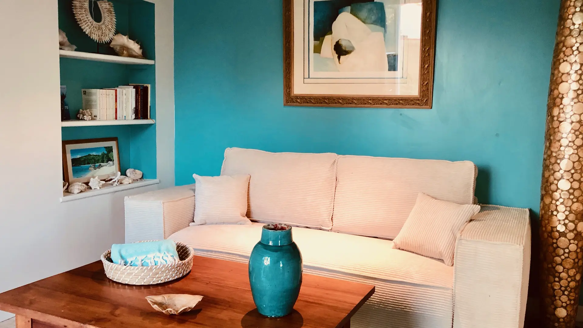 Blue bedroom facing the living room