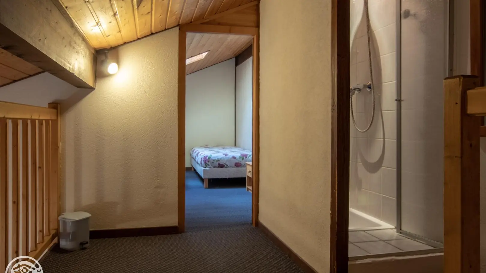 Coin douche sur la mezzanine. Moquette.