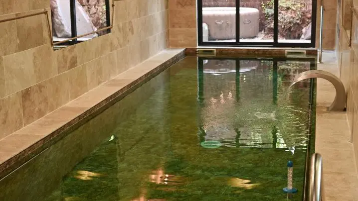 Piscine intérieure chauffée toute l'année à 30°, filtration bio, fontaine, buses de massage, bouées, douche