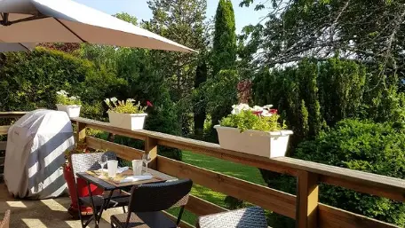 Grande terrasse avec vue sur jardin arboré