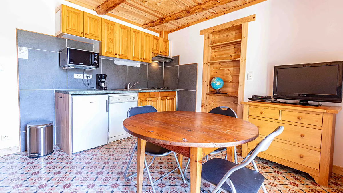 Bright living room with kitchenette, electric hob, dining table, TV, wooden furniture, tiled floor