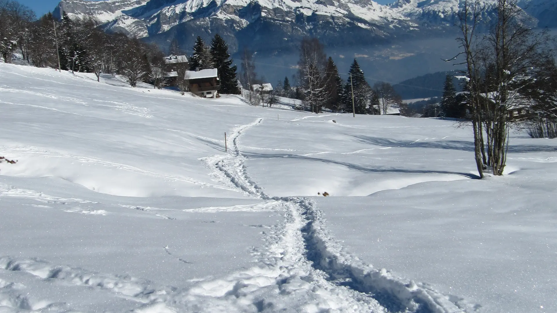 Chemin raquette tracé dans la neige, non damé