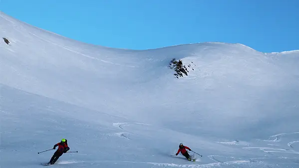 Skieur descendant dans la poudreuse, vue de loin