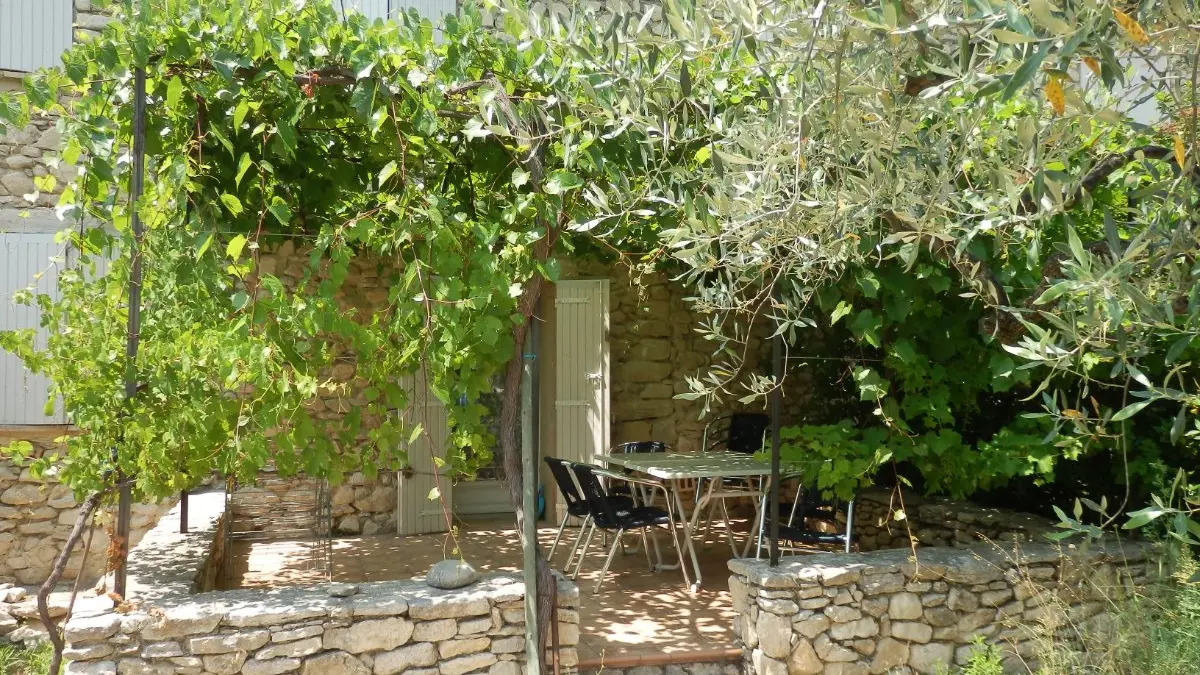 Domaine du Chêne Vert - Gîte La Bergerie - Terrasse ombragée par treille de vignes