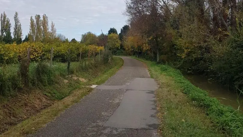 Le petit chemin à vélo, le long de la Lonne en automne,